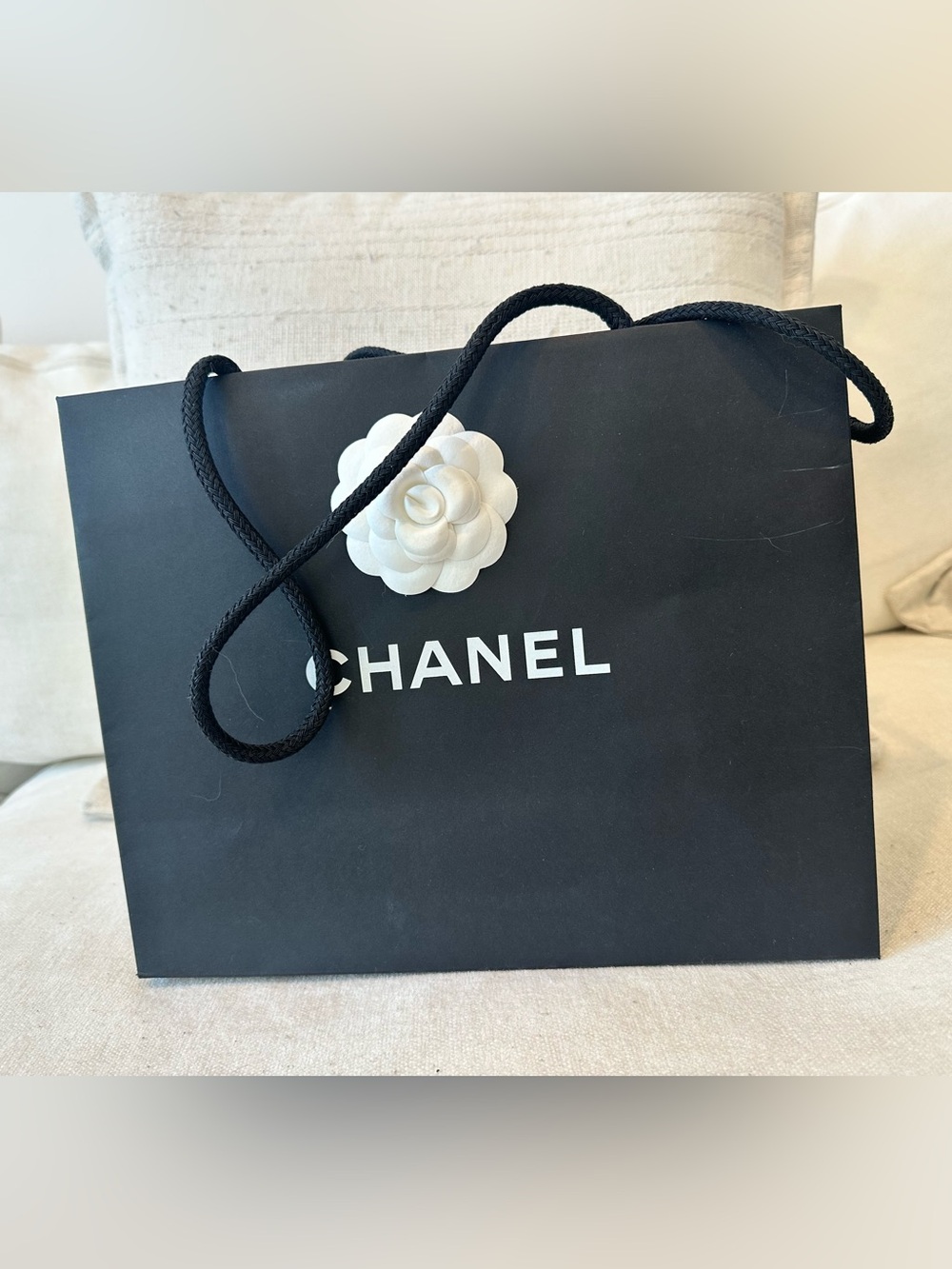 Chanel Authentic Black Paper Gift Shopping Bag White Flower Camellia 9.5x11.75x5